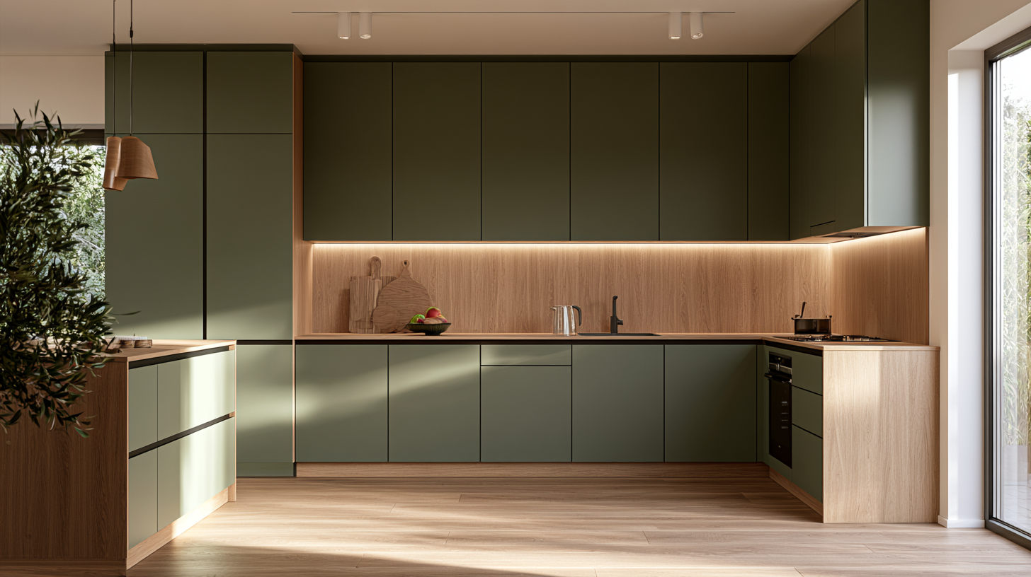 Kuchynská linka s olivovo-zelenými bezúchytkovými skrinkami a dreveným dekorom od Creative Interiors Hriňová
