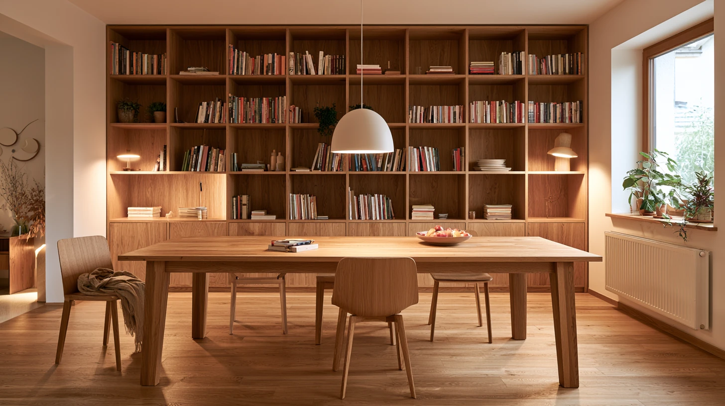 Jedálenský stôl z masívneho duba s nástennou knižnicou od Valovič Woodworking Zlaté Moravce v prírodnom dubovom prevedení