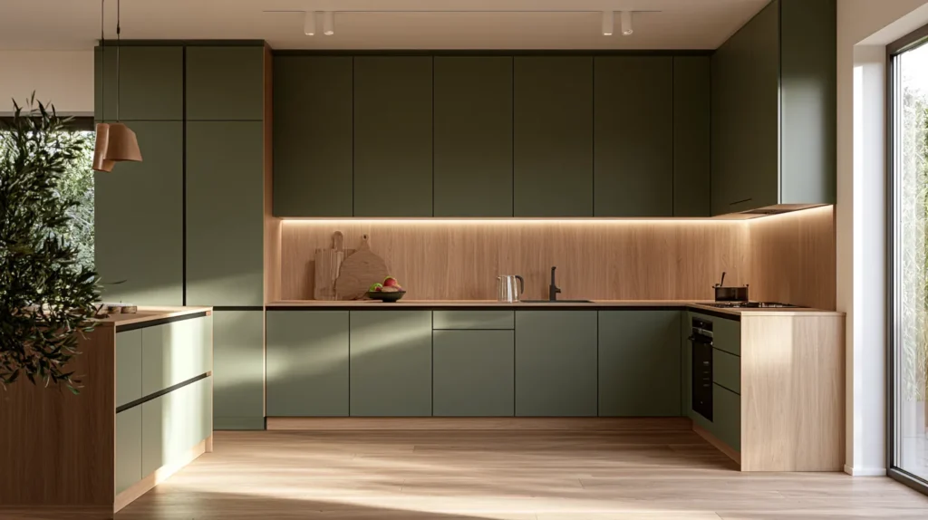 Kuchynská linka s olivovo-zelenými bezúchytkovými skrinkami a dreveným dekorom od Creative Interiors Hriňová