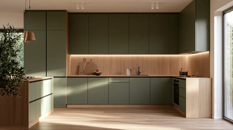 Kuchynská linka s olivovo-zelenými bezúchytkovými skrinkami a dreveným dekorom od Creative Interiors Hriňová