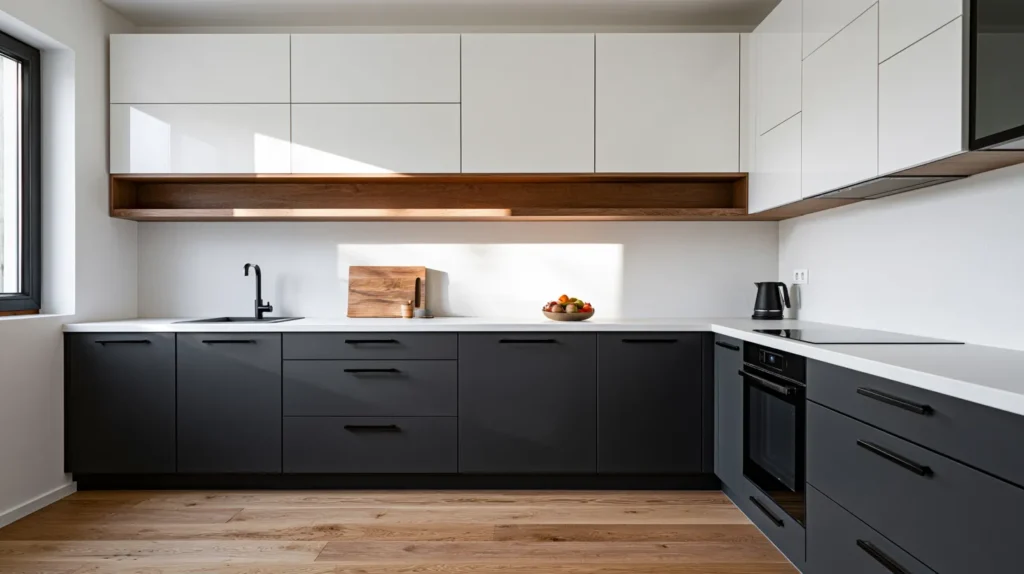 Kuchynská linka s tmavosivými grafitovými skrinkami a bielymi vysokolesklými hornými dvierkami od F.I.M. Trenčín v modernom prevedení