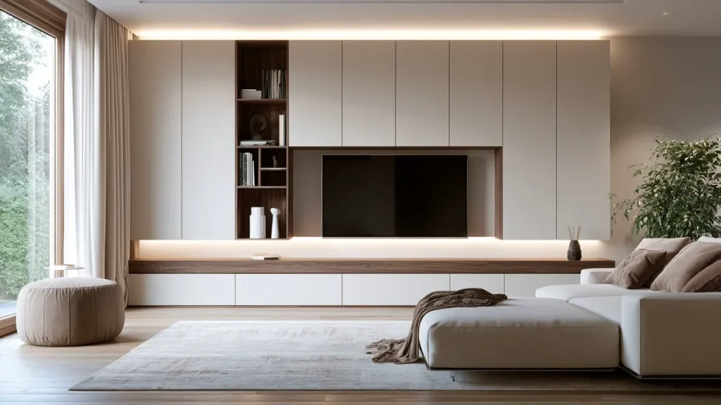 Minimalistická obývacia stena a nábytok na mieru s TV stenou, vstavanými skrinkami a svetlou sedacou súpravou pre profil Prestige Furniture Senec