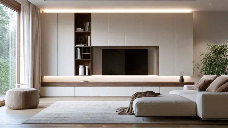 Minimalistická obývacia stena a nábytok na mieru s TV stenou, vstavanými skrinkami a svetlou sedacou súpravou pre profil Prestige Furniture Senec