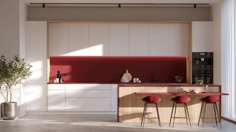 Minimalistická kuchyňa na mieru pre profil New Design Bratislava s bielymi dvierkami, svetlým drevom a vínovočerveným obkladom