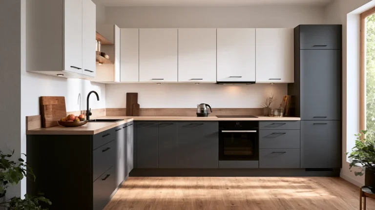 Kuchynská linka v dvojfarebnom bielo-antracitovom prevedení od PT Bouw Stará Ľubovňa s matnými čiernymi úchytkami