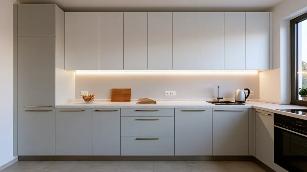 Kuchynská linka so svetlosivými matnými skrinkami a bielymi hornými dvierkami od Sharky Wood Design Nitra v modernom minimalistickom prevedení so strieborným kovaním