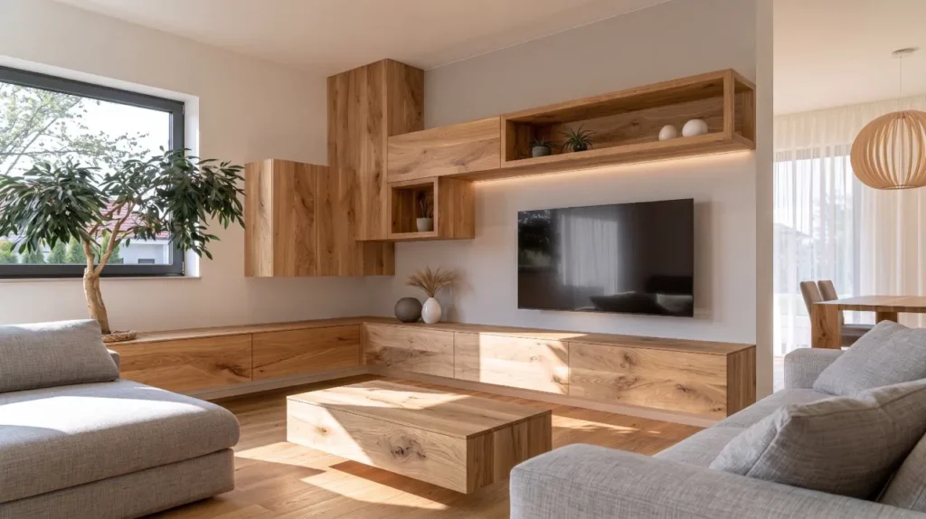 Minimalistická obývacia zostava na mieru z teplého dubového dreva s TV stenou, závesnými skrinkami a čistým moderným interiérom pre profil Stolárstvo Senec