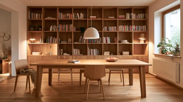 Jedálenský stôl z masívneho duba s nástennou knižnicou od Valovič Woodworking Zlaté Moravce v prírodnom dubovom prevedení